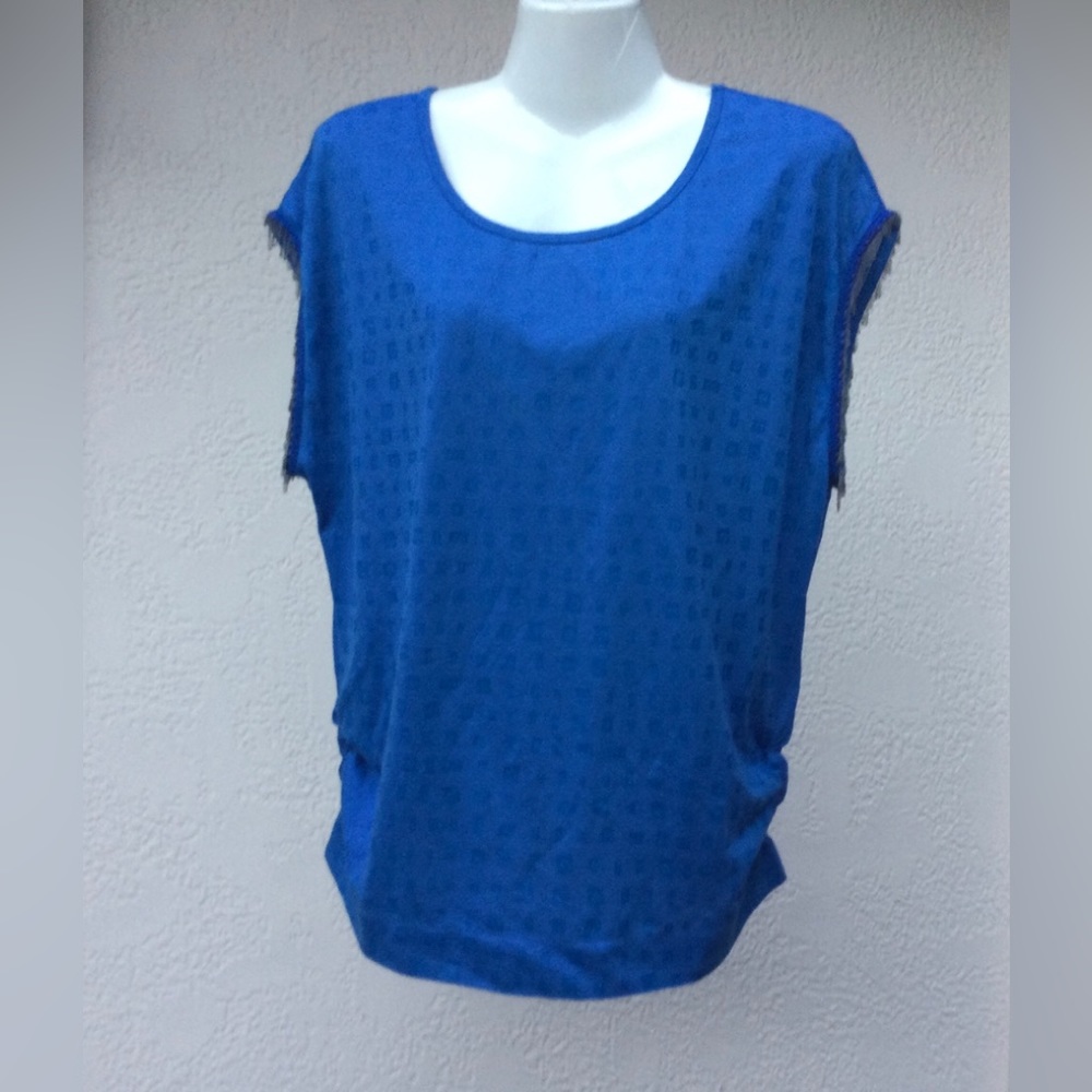 Blue Textured Cap Sleeve Blouse Top Women's Medium Ruched Sides